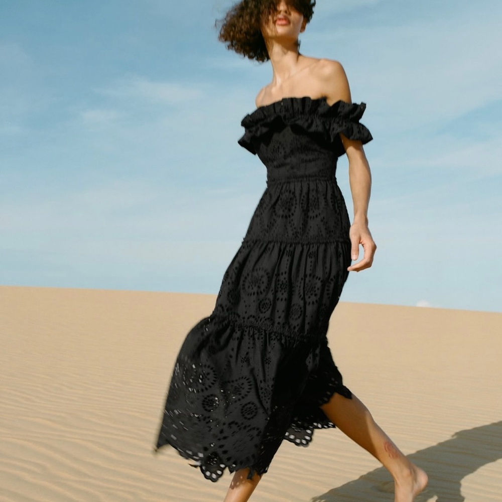 ZARA Embroidered Black Midi Dress